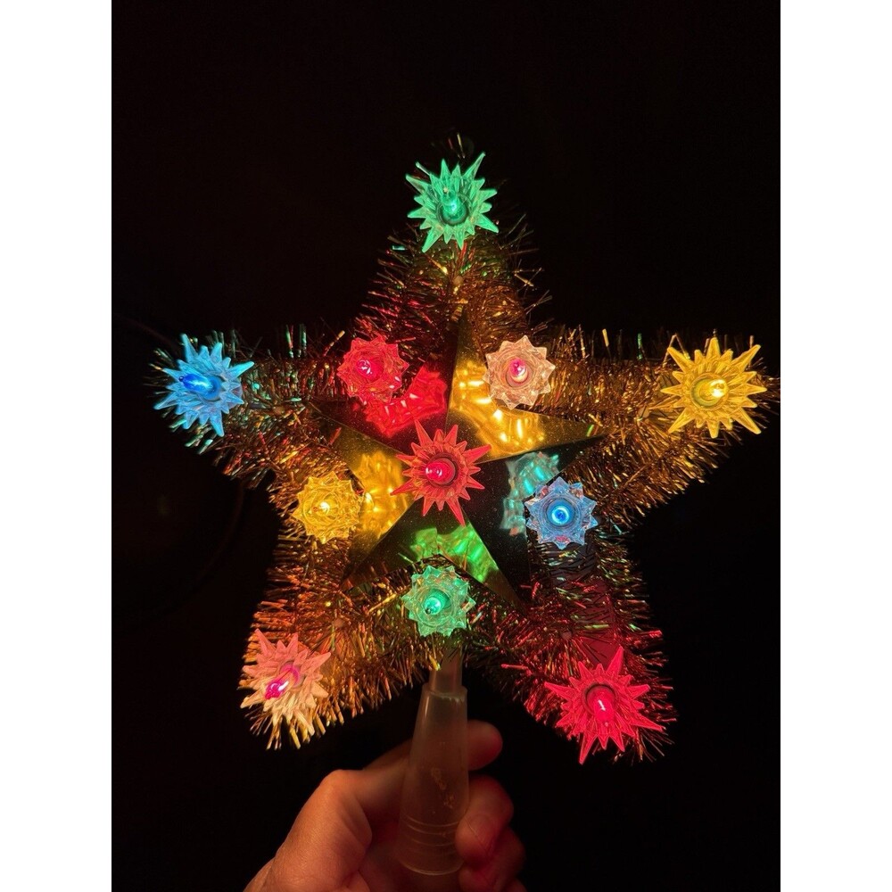 Vintage Lighted Gold Christmas Star Tree Topper Reflectors Tinsel Multicolor Box
